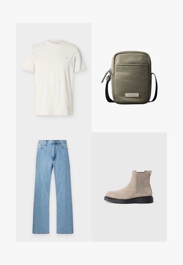 Ren hvid T-shirt med korte ærmer, rund hals og lille CK-logo på venstre bryst.; Lyseblå straight-leg jeans i denim med fem-lomme-design og knaplukning i taljen, vist mod en ensfarvet baggrund.; Beige ruskinds Chelsea-støvle med elastiske sidepaneler, en pull-tab og en sort gummisål. Slankt design med rund tå.; Kompakt korsbodytaske i olivengrøn med forlomme, sort justerbar rem, lynlåslukning og Calvin Klein logo-plakette.