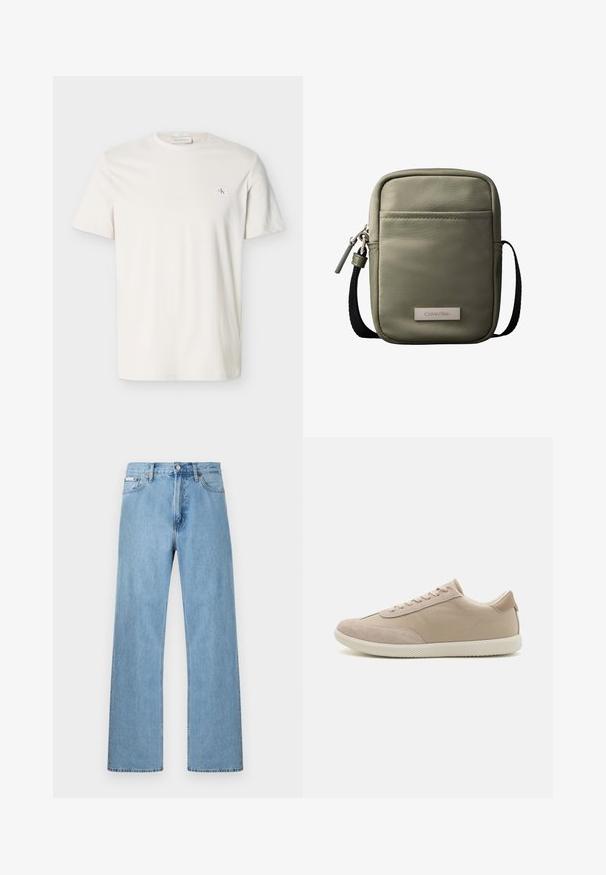 Effen wit T-shirt met korte mouwen, ronde hals en een klein CK-logo op de linkerborst.; Lichtblauwe denim jeans met rechte pijpen, ontworpen met vijf zakken en een knoopsluiting bij de taille, weergegeven tegen een effen achtergrond.; Beige sneaker met een mix van suede en canvas materialen, voorzien van veters, een ronde neus, een gestructureerde zool en een subtiele merklogo aan de zijkant.; Compact olijfgroene crossbodytas met voorvak, zwarte verstelbare band, ritssluiting en Calvin Klein logoplaatje.