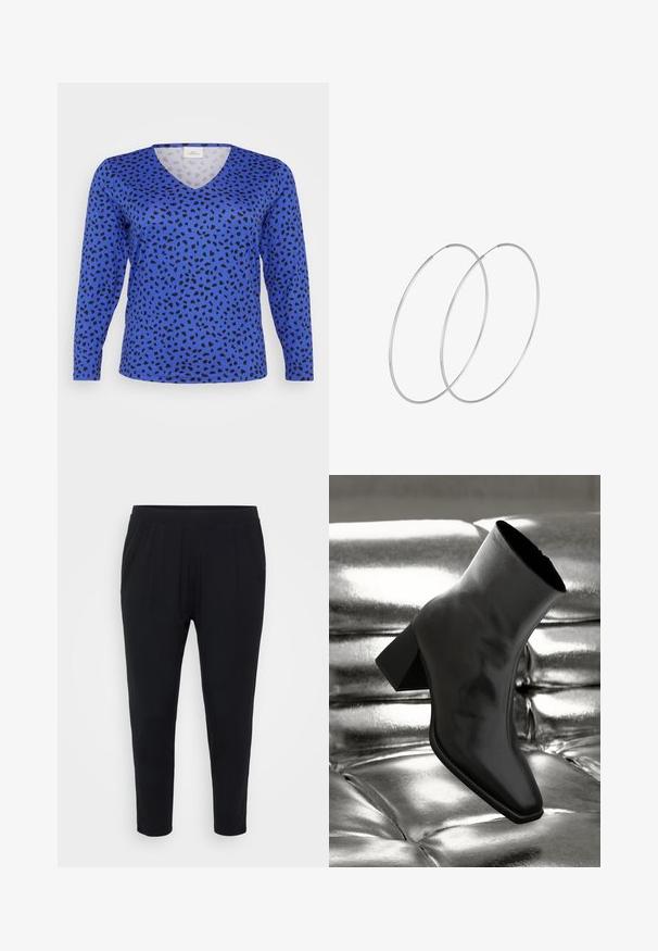 Top azul de cuello en V de manga larga con un patrón de manchas de leopardo en negro. Textura suave, corte regular y un dobladillo estándar.; Pantalones negros de corte relajado, con cinturilla elástica y suaves pliegues. Confeccionados en una tela suave, con piernas ajustadas y sin bolsillos.; Botín negro de tobillo hecho de material brillante, con punta cuadrada y tacón cónico, contra un fondo plateado brillante con almohadillado.; Pendientes de aro plateados con un diseño minimalista. Forma circular, textura suave y perfil delgado. Livianos con un acabado pulido.