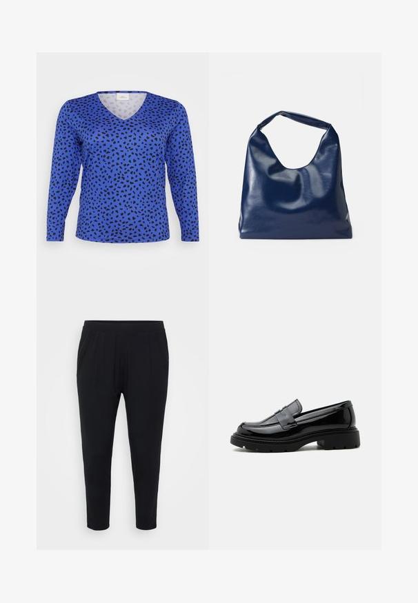 T-shirt à manches longues bleu en V avec un motif de taches de léopard noires. Texture lisse, coupe classique et ourlet standard.; Pantalon noir avec une coupe décontractée, taille élastique et plis discrets. Fabriqué dans un tissu doux, avec des jambes fuselées et sans poches.; Mocassin en cuir noir brillant avec semelle épaisse à crampons et bride penny, présenté en profil latéral sur fond blanc uni.; Sac à épaule en simili cuir bleu marine avec une texture douce et brillante, un corps arrondi et une seule anse large pour un transport facile.