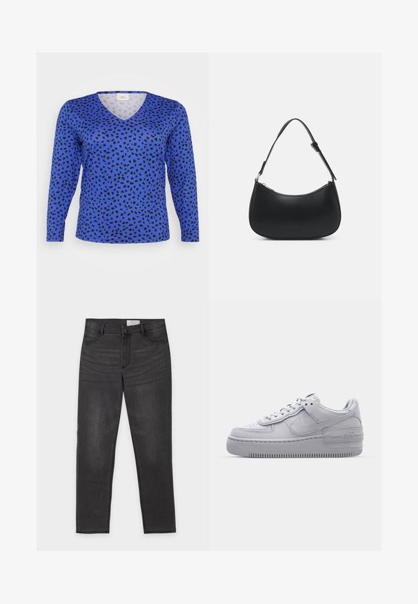 Blaue V-Ausschnitt Langarmbluse mit Leopardenfleckenmuster in Schwarz. Glatte Textur, reguläre Passform und eine klassische Saumlinie.; Schwarze Jeans mit geradem Bein, Knopf- und Reißverschluss, Vorder- und Gesäßtaschen und dezenter Ausbleichung an den Oberschenkeln, flach auf weißem Hintergrund ausgelegt.; Graue Nike Air Force 1 Sneaker mit perforierter Zehenpartie, Obermaterial aus glattem Leder, dicker Sohle und geprägtem 'AIR'-Detail an der Ferse.; Pieces PCALUANA SHOULDER BAG - Handtasche - black