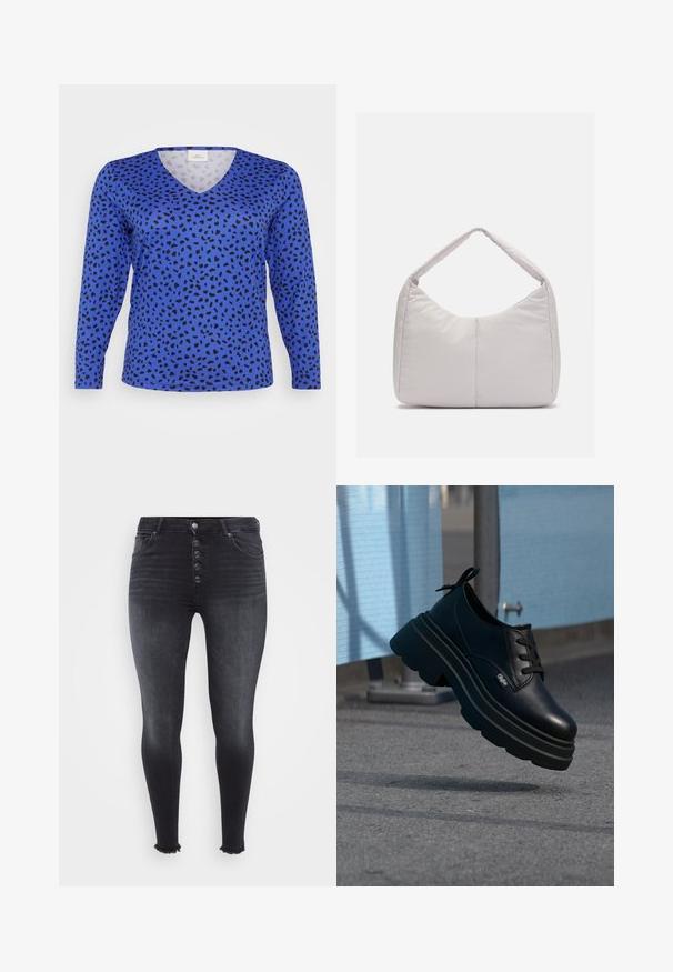 Blå V-hals langærmet top med et leopardplet-mønster i sort. Glat tekstur, almindelig pasform og en standard kant.; Højtaljede sorte skinny jeans med knaplukning foran, falmet tekstur og frynset kant detalje. Fremstillet af denim materiale.; Sort læder platformsko med tyk sål og sorte snørebånd, ophængt over fortov tæt på et blåt nethegn og en metalstang.; Lys grå polstret skuldertaske med en buet form, der har en enkelt håndtag og en glat, textured overflade. Simpelt design uden yderligere hardware.