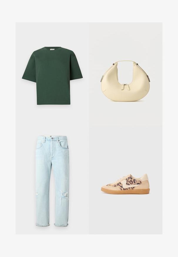 Groen katoenen T-shirt met een losse pasvorm, ronde hals en korte mouwen. Gladde textuur en minimalistisch ontwerp.; Lichtblauwe denim jeans met een relaxte pasvorm, voorzien van verwassen scheuren aan de voorkant, opgerolde manchetten en een klassieke vijf-pocket stijl.; Luipaardprint sneakers met een beige suède bovenkant, tan rubberen zool en witte accenten. Ronde neus en vetersluiting met een gestructureerde afwerking.; Beige, halvemaanvormige handtas met dubbele ritssluiting en korte handgreep, voorzien van zilverkleurige hardware details aan de zijkanten.