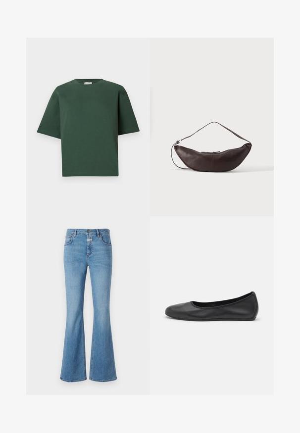 Zelené bavlnené tričko s voľným strihom, okrúhlym výstrihom a krátkymi rukávmi. Hladká textúra a minimalistický dizajn.; CLOSED JOVANNA - Džínsy bootcut - light blue; Čierne kožené baleríny s okrúhlou špičkou, hladkým povrchom, minimálnym prešívaním a flexibilným dizajnom podrážky.; Tmavohnedá kožená polmesiacová taška na rameno s oblúkovým pásikom a viditeľným prešitím na jednofarebnom pozadí.