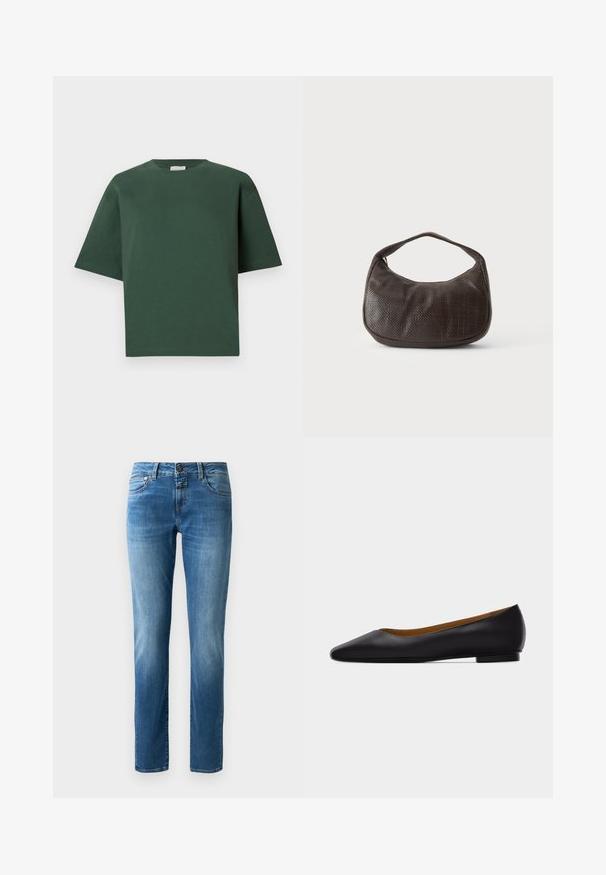 Grøn bomuld t-shirt med løs pasform, rund halsudskæring og korte ærmer. Glat tekstur og minimalistisk design.; Blå denim jeans med lige ben-design, der har en knaplukning, fem lommer og subtil fading. Glat tekstur med orange syninger.; Sort læder flad sko med spids tå, lav hæl og glat finish, vist fra siden på en lysegrå baggrund.; Lille mørkebrun tekstureret håndtaske med kort rem og afrundet bund på en ensfarvet lys baggrund.