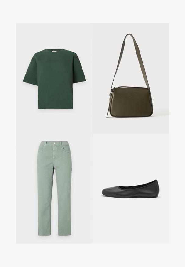 Groen katoenen T-shirt met een losse pasvorm, ronde hals en korte mouwen. Gladde textuur en minimalistisch ontwerp.; Lichtgroene katoenen broeken met een recht-aflopende pasvorm, voorzien van voorzakken, een knoopsluiting en subtiele stikseldetails.; Zwarte leren ballerina met een ronde neus, gladde textuur, minimale stikdetails en een flexibele zoolontwerp.; Olijfgroene leren schoudertas met ritssluiting en verstelbare band tegen een effen lichte achtergrond.