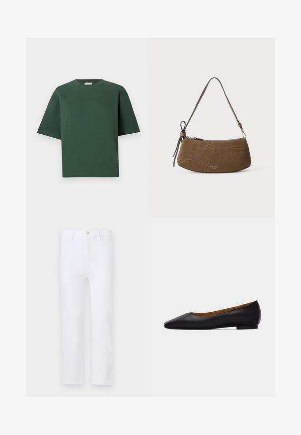 T-shirt en coton vert avec une coupe décontractée, col rond et manches courtes. Texture lisse et design minimaliste.; Jean en denim blanc avec une coupe droite, comportant des passants de ceinture, des poches avant et une fermeture éclair. Texture lisse et couleur uniforme sur toute la surface.; Chaussure plate en cuir noir à bout pointu avec talon bas et finition lisse, vue de côté sur un fond gris clair.; Sac à bandoulière en daim marron avec une sangle courte, une fermeture éclair et des détails de couture courbes subtils.