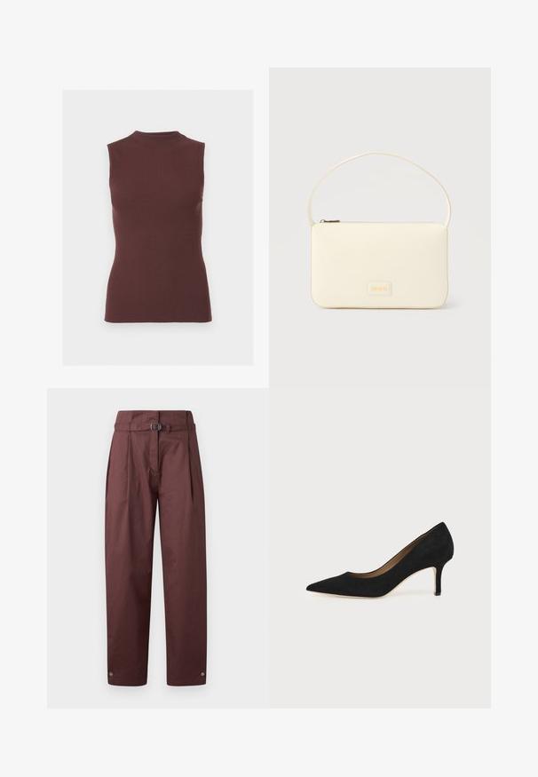 Top sin mangas de punto acanalado en marrón oscuro con cuello simulado y silueta ajustada.; Pantalones de pierna ancha color burdeos hechos de algodón, con un cinturón en la cintura, frente plisado y snaps en los puños del tobillo. Textura suave, diseño minimalista.; Salón de ante negro con punta puntiaguda, tacón de aguja delgado de altura media y diseño de corte bajo sobre un fondo liso.; Bolso rectangular color crema con una sola correa y cremallera superior, con una pequeña placa de logotipo en relieve en el frente.
