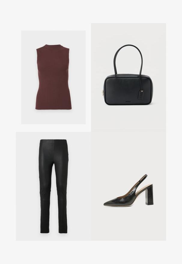 Top sin mangas de punto acanalado en marrón oscuro con cuello simulado y silueta ajustada.; Leggings negros hechos de un tejido liso y elástico. Diseño ajustado con una textura suave. Presentan detalles de costura en las rodillas.; Zapato de tacón alto tipo slingback de charol negro con puntera puntiaguda y tacón cuadrado sobre fondo claro y liso.; Bolso rectangular negro con asas dobles redondeadas, cremallera dorada y logo "HUGO" en relieve en el frente con etiqueta de cuero adjunta.