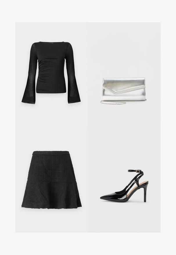 Haut noir à manches longues avec devant froncé et manches cloche transparentes, col rond et silhouette ajustée.; Jupe évasée noire texturée en ligne A avec ourlet évasé et motif à carreaux subtil sur fond uni.; Escarpin en cuir verni noir à talon haut, avec un bout pointu, une bride réglable à la cheville et des côtés ouverts. Texture lisse.; Pochette argentée brillante avec rabat style enveloppe et garniture décorative, petite bandoulière chaîne argentée, sur fond clair uni.