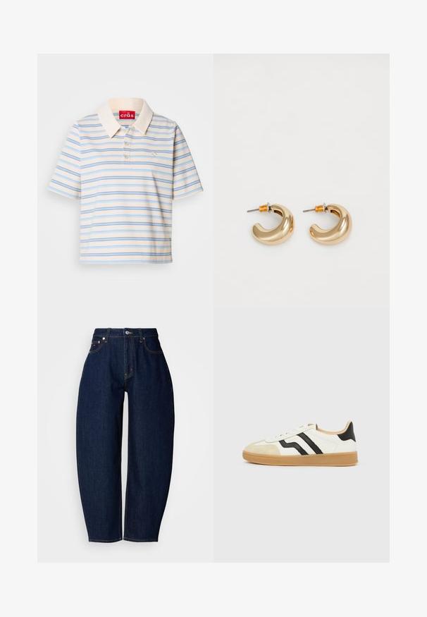 Polo à manches courtes en crème avec des rayures horizontales bleues et brunes, doté d'un col boutonné et d'un petit logo sur la poitrine gauche.; Jean en denim bleu foncé avec une coupe décontractée, jambes droites, design à cinq poches et surpiqûres jaunes contrastantes. Fermeture à bouton métallique à la taille.; Baskets blanches avec embout beige, bandes latérales noires, semelle brun clair et design bas.; Deux boucles d'oreilles en forme de cerceau en or brillant, avec un design courbé, présentant des accents orange près de la tige, sur fond blanc uni.