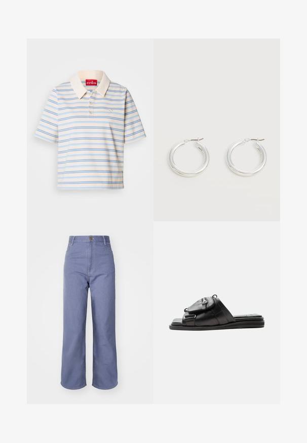 Korte mouwen polo shirt in crème met blauwe en bruine horizontale strepen, voorzien van een knoopsluiting aan de kraag en een klein logo op de linkerborst.; Lichtblauwe wijd-uitlopende jeans van denim, met een hoge taille, sluiting met voorknop en zichtbare stiksels op de zakken en naden.; Zwarte leren slippers met gevoerde zool en vooraan ritsvak detail op het bandje.; Een paar middelgrote glanzende zilveren oorringen met dunne metalen sluitingen op een lichte neutrale achtergrond.