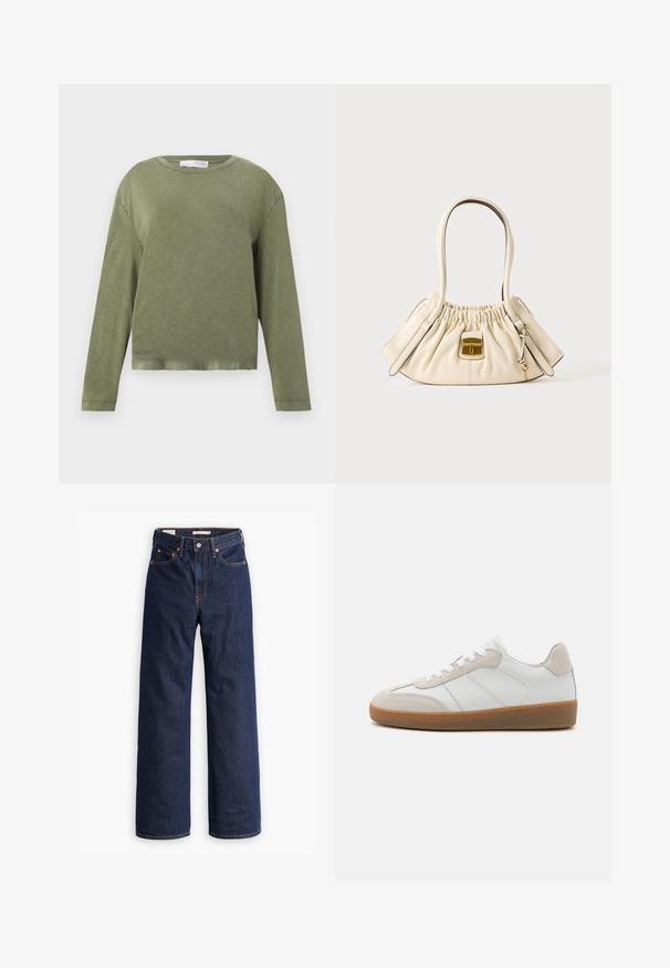T-shirt à manches longues couleur vert olive, coupe décontractée et ourlet légèrement raccourci, sur fond blanc uni.; Jeans en denim droit bleu foncé avec cinq poches, surpiqûres orange et fermeture à boutons.; Baskets en cuir blanc avec des accents en suède beige, languette texturée et semelle en caoutchouc. Elles sont dotées de lacets blancs et de détails couture subtils.; Sac à main en cuir souple couleur crème avec le haut froncé, deux poignées et un petit fermoir rectangulaire doré à l'avant.