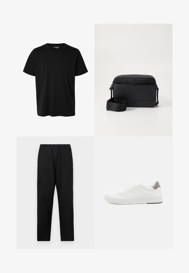 Schlichtes schwarzes T-Shirt mit kurzen Ärmeln und Rundhalsausschnitt in Herrenform, ohne sichtbare Muster oder Logos auf der Vorderseite.; Schwarze Leinenhose mit geradem Schnitt, ausgestattet mit einem Knopfverschluss, verstellbarem Kordelzug und ohne sichtbare Muster oder Akzente.; Weißer Sneaker aus glattem Leder, runde Zehenpartie, minimalistisches Design, graue Fersenkante und strukturierte Gummisohle.; Schwarze Umhängetasche aus glattem Leder mit einer Vordertasche, Reißverschluss und verstellbarem Stoffgurt. Markenlogo auf der Vorderseite eingeprägt.