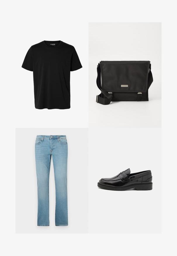 Schlichtes schwarzes T-Shirt mit kurzen Ärmeln und Rundhalsausschnitt in Herrenform, ohne sichtbare Muster oder Logos auf der Vorderseite.; Helle Blaue Jeans aus Denim mit geradem Bein, fünf Taschen, Knopfverschluss und subtiler Verblassung für Textur.; Schwarze Lederloafers mit glatter Oberfläche, abgerundetem Zehenbereich, niedrigem Absatz und dekorativer Naht entlang der Vorderseite. Gummisohle für guten Halt.; Schwarze Umhängetasche aus Nylon mit matter Oberfläche. Verfügt über einen Klappenverschluss, einen verstellbaren Trageriemen und eine kleine Metall-Logo-Platte.