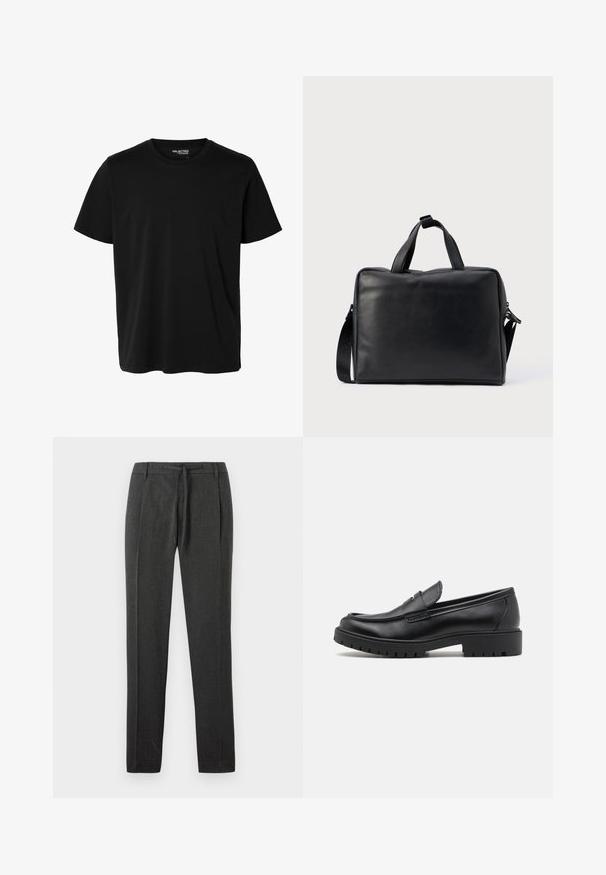 Camiseta negra lisa de manga corta y cuello redondo con corte de hombre, sin patrones ni logotipos visibles en el delantero.; Pantalones gris oscuro con una tela texturizada, diseño de pierna recta, pliegues frontales y una cintura con cordón. Sin bolsillos ni acentos visibles.; Mocasines de cuero negro con punta redondeada, diseño sin cordones y suela de goma gruesa con agarre texturizado. Tacón elevado y detalles de costura sutiles.; Bolsa de viaje de cuero negro con forma rectangular, doble asa, correa de hombro desmontable y adornos mínimos.