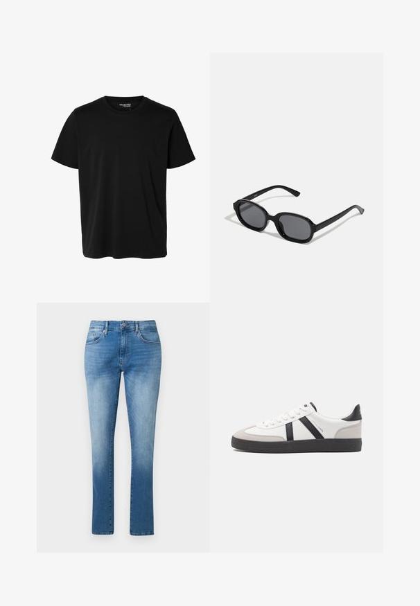 Effen zwarte korte mouwen t-shirt met ronde hals in mannenmodel, zonder zichtbare patronen of logo's aan de voorkant.; Blauwe jeans met rechte pijpen, mid-rise taille, knoop- en ritssluiting en klassiek ontwerp met vijf zakken.; Witte sneaker met zwarte en grijze accenten, voorzien van een grijze neus met textuur, zwarte rubberen zool en platte witte veters. Schoon ontwerp, minimalistische stijl.; Zign by Zalando Zonnebril - black