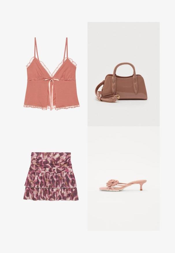 Camiseta de color rosa polvo con encaje en los bordes, tirantes finos ajustables y un lazo de satén en la cintura. Tejido suave con un diseño fluido.; Minifalda fruncida en estampado animal en rosa y beige, con un dobladillo con volantes y textura suave. Confeccionada en una tela ligera y fluida.; Chanclas de color rosa claro con un detalle texturizado de flor en la tira y un tacón pequeño. Material suave y diseño abierto.; Bolso brillante color rosa con dos asas superiores, una correa de hombro desmontable y detalles decorativos de costura. Forma compacta y estructurada.