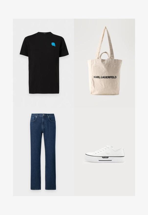 Μαύρο T-shirt με κοντά μανίκια και μικρό μπλε γραφικό στην αριστερή πλευρά του στήθους, που απεικονίζει ένα πρόσωπο με γυαλιά ηλίου και μαντίλα στο κεφάλι.; Σκούρο μπλε τζιν παντελόνι με ίσια γραμμή, διαθέτει κούμπωμα μπροστά, θηλιές ζωνών και τυπικό σχέδιο τσεπών.; Λευκό χαμηλό sneaker με παχιά σόλα, δέσιμο με κορδόνια μπροστά, λεπτομέρεια μαύρης ρίγας και λογότυπο Karl Lagerfeld στο πλάι και στην ταμπέλα της φτέρνας.; Μπεζ τσάντα tote από καμβά με μακριές και κοντές λαβές, με το κείμενο "KARL LAGERFELD" τυπωμένο με έντονα μαύρα γράμματα στο μπροστινό μέρος.