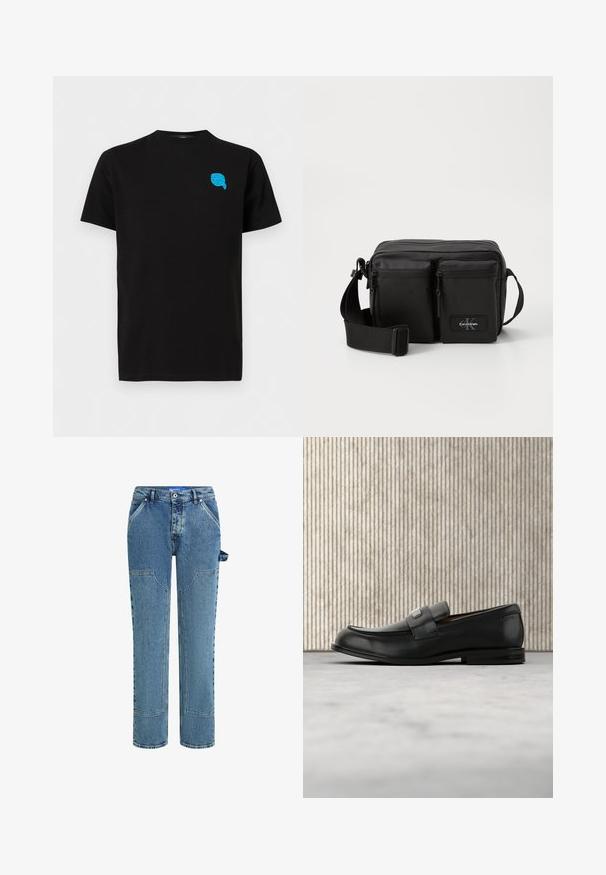 Camiseta negra de manga corta con un pequeño gráfico azul de una cara con gafas de sol y un pañuelo en la cabeza en la parte superior izquierda del pecho.; Jeans de mezclilla azul con un diseño de pierna recta, que cuentan con parches en contraste, dos bolsillos frontales y un detalle de lazo visible en el lado.; Mocasín de cuero negro con una placa metálica de marca apoyado cerca de una mesa redonda marrón sobre un suelo alfombrado beige.; Bolsa bandolera negra hecha de un tejido duradero, con dos bolsillos frontales con cremallera, una correa ajustable y un parche con el logo.