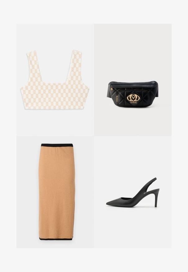 Branded bralette i creme med et helejords let orange geometrisk mønster. Har brede stropper og en firkantet udskæring.; Knælang, kamelfarvet striknederdel med sort elastisk talje og en glat tekstur. Enkel design, ingen synlige mønstre eller detaljer.; Sorte læder slingback høje hæle med spids tå-design, der har en udskæring fortil og en tynd stiletto-hæl.; Sort quiltet læderbæltetaske med guld Love Moschino-logo og lynlåslomme foran på hvid baggrund.