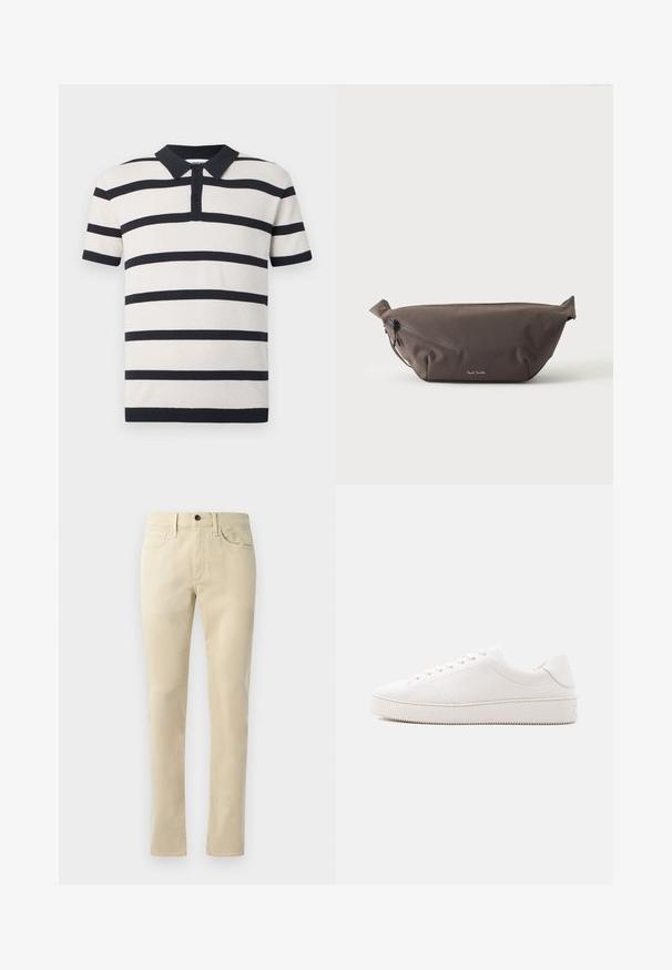 Kurzarm-Polohemd in Creme mit dunkelblauen horizontalen Streifen. Verfügt über einen Kragen, eine zwei-knopfige Knopfleiste und ein strukturiertes Gewebe.; Beige Gerade geschnittene Hosen aus Baumwollmischung. Mit Fünf-Taschen-Design, Gürtelschlaufen und einem schwarzen Knopfverschluss an der Taille.; Weißer Ledersneaker mit glattem Finish, rundem Zehenbereich, sechs Augen für die Schnürung und einer strukturierten Gummisohle. Minimalistisches Design ohne Muster.; Dunkelbraune Stoff-Gürteltasche mit diagonalem Reißverschlussfach und kleinem weißen Logo vorne, vor einem einfarbigen hellen Hintergrund.