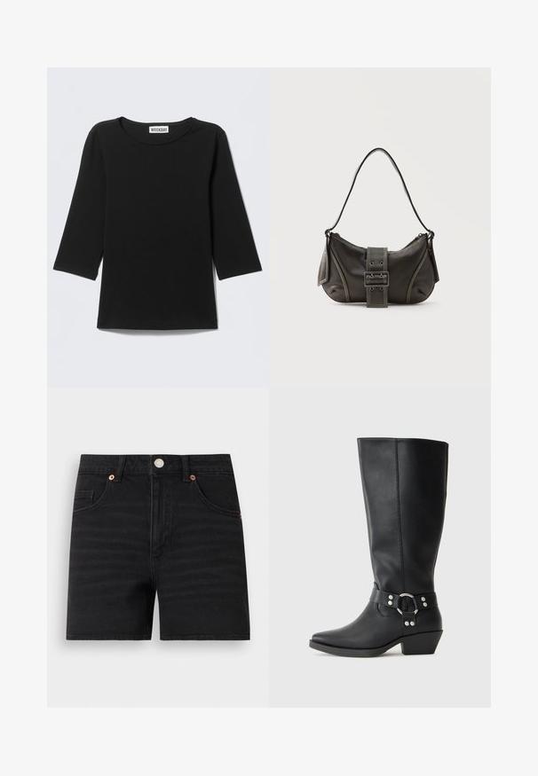 Camiseta negra de manga larga con cuello redondo, mangas tres cuartos y una etiqueta "WEEKDAY" dentro del cuello.; Pantalones cortos de denim negro con cierre de botones en la parte delantera, trabillas para cinturón, dos bolsillos delanteros y un pequeño bolsillo para monedas, mostrados planos sobre un fondo blanco.; Botas negras de cuero hasta la rodilla con punta afilada, que cuentan con una correa decorativa en el tobillo y detalles de hardware en plata. Tacón bajo y apilado.; Bolso de hombro de cuero negro con detalle de correa con hebilla, bordes curvos y costuras blancas en contraste sobre un fondo liso.