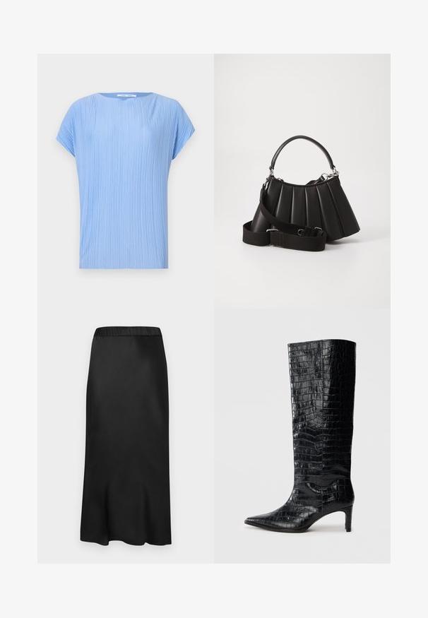 Haut bleu clair en tissu plissé. Il présente un col rond et des manches courtes, avec une texture lisse et légèrement brillante.; Jupe midi noire en satin avec une taille élastique. Texture lisse et design sobre, se rétrécissant légèrement à l'ourlet pour une silhouette fluide.; Bottes noires montantes, avec une texture brillante à motif crocodile, bout pointu et talon effilé. Matériau synthétique lisse.; Sac à main plissé noir avec une poignée arrondie, une bandoulière réglable et une texture brillante. Présente des accessoires en argent et une silhouette structurée.