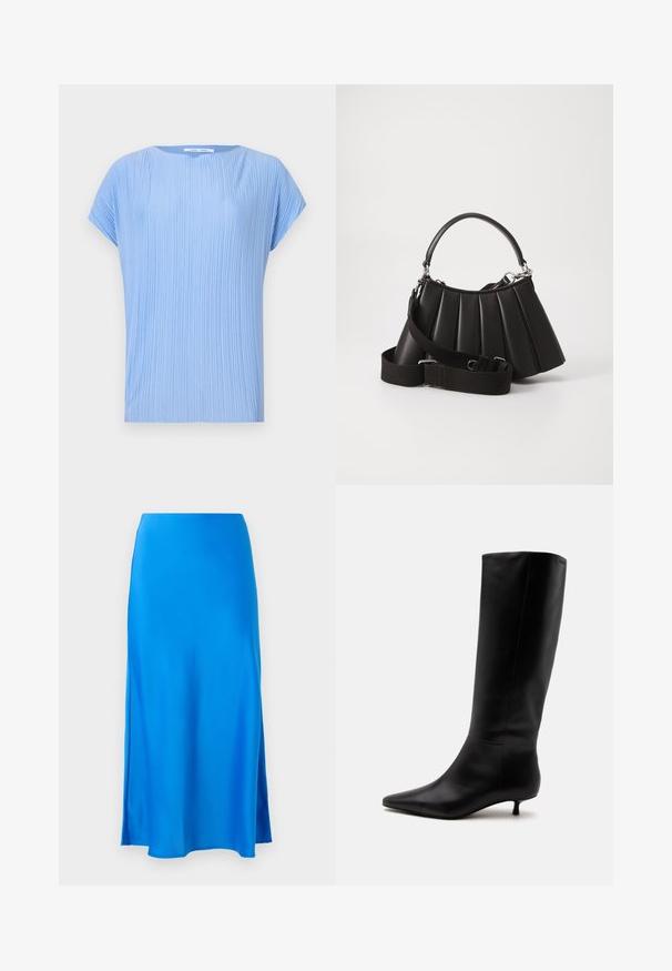 Top azul claro hecho de tela plisada. Cuenta con un escote redondo y mangas cortas, con una textura suave y ligeramente brillante.; Falda maxi de satén azul con una textura suave, forma ligeramente en A y abertura lateral, que ofrece una silueta fluida.; Bota alta de cuero negro hasta la rodilla con puntera puntiaguda y tacón bajo tipo kitten sobre un fondo claro y liso.; Bolso de mano negro con pliegues, manejo redondeado, correa ajustable y textura brillante. Presenta herrajes plateados y una silueta estructurada.