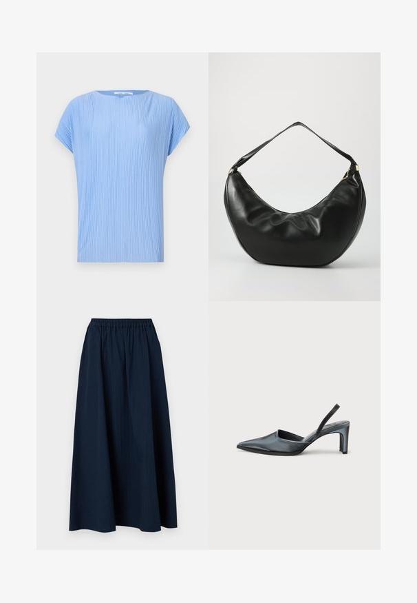 Top azul claro hecho de tela plisada. Cuenta con un escote redondo y mangas cortas, con una textura suave y ligeramente brillante.; Falda larga de color azul marino, hecha de un tejido texturizado con una cinturilla elástica y sutiles rayas verticales.; Tacón destalonado negro con punta puntiaguda, acabado de satén elegante y tacón delgado de 3 pulgadas. Diseño lateral abierto con detalle mínimo de costuras.; Bolso de hombro de cuero negro con una forma curva, textura suave y una sola correa; cuenta con un zipper dorado y un branding sutil.