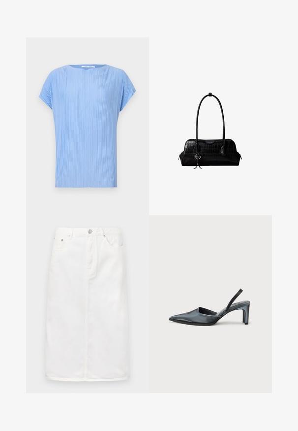 Haut bleu clair en tissu plissé. Il présente un col rond et des manches courtes, avec une texture lisse et légèrement brillante.; Jupe en denim blanc avec fermeture éclair sur le devant, design à cinq poches et silhouette droite avec des accents de couture.; Escarpin noir à bride arrière avec un bout pointu, une finition satinée élégante et un talon fin de 7,5 cm. Design latéral ouvert avec des détails de couture minimalistes.; Sac à épaule en cuir noir à texture crocodile, avec de longues sangles et un petit charm logo argenté sur une sangle.