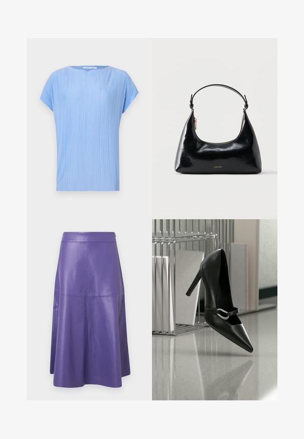 Haut bleu clair en tissu plissé. Il présente un col rond et des manches courtes, avec une texture lisse et légèrement brillante.; Jupe trapèze en cuir violet à texture lisse, avec des coutures verticales et un éclat subtil. Ceinture confectionnée pour une silhouette ajustée.; Chaussure à talon haut noire pointue avec une bride à boucle argentée, placée sur une surface réfléchissante près d’un organiseur métallique contenant des papiers.; Sac à main Calvin Klein noir brillant avec fermeture éclair dorée et anse courte sur fond blanc uni.