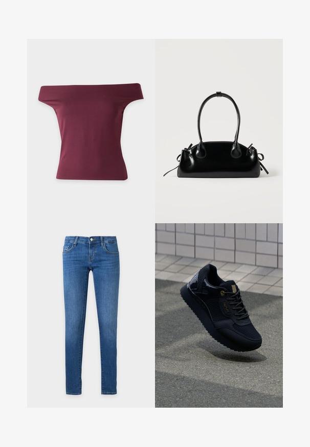 Haut bordeaux moulant à épaules dénudées, à encolure large et manches courtes, présenté sur fond blanc uni.; Jean denim slim bleu avec poches avant, passants de ceinture et fermeture par bouton sur fond blanc.; Baskets noires avec une tige en mesh, des accents brillants, des éléments en or, une semelle texturée et un col rembourré pour le confort.; Petit sac à main noir brillant avec deux longues anses et des détails à cordon sur les côtés sur un fond clair uni.