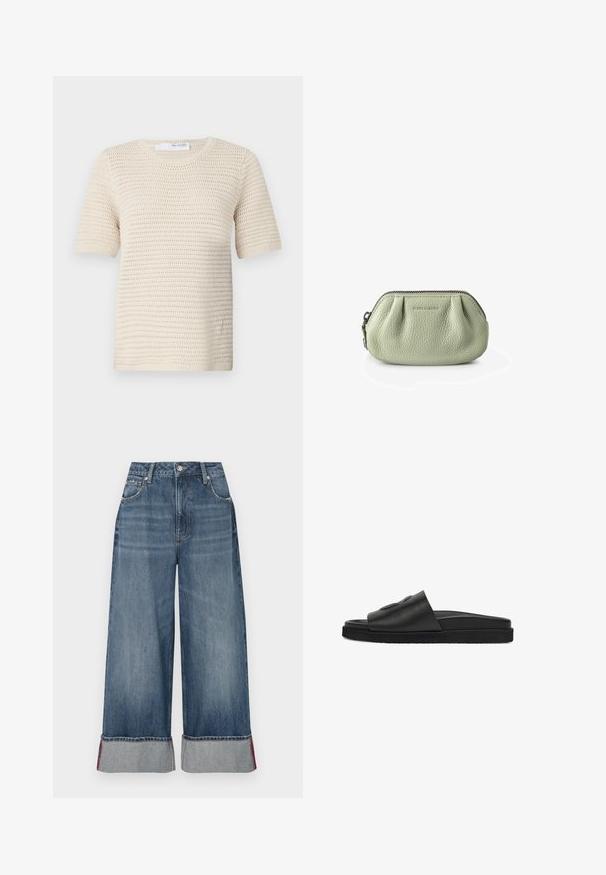 Strickoberteil mit kurzen Ärmeln in Weiß, das ein strukturiertes Muster mit rundem Ausschnitt und gerippten Bündchen für Formgebung aufweist.; Weite Denim-Jeans in mittlerem Blauton mit hoher Taille, fünf Taschen, Kontrastnähten und umgeschlagenen Säumen mit roten Akzenten.; Schwarze Ledersandale zum Hineinschlüpfen mit breitem Riemen, gepolsterter Innensohle und strukturiertem schwarzem Gummiaußensohle. Minimalistisches Design, keine sichtbaren Beschläge.; Kleine, hellgrüne Lederetui mit strukturierter Oberfläche, schwarzem Reißverschluss und dezentem, geprägtem Markennamen "aunts & uncles" in der Mitte vorne.