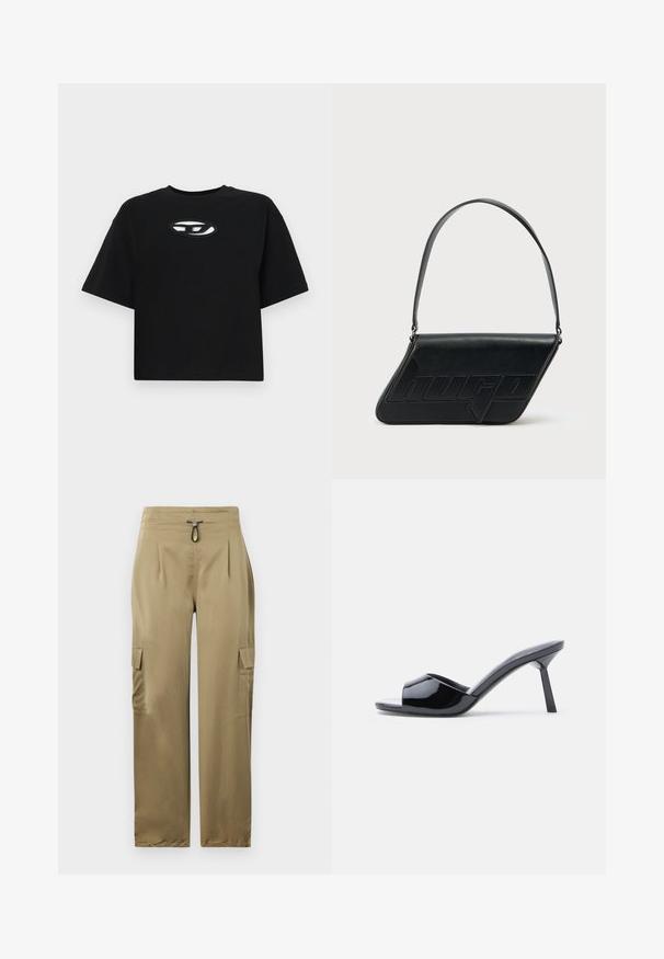 Camiseta de algodón negra con un diseño recortado, mangas cortas y cuello redondo. Presenta un logotipo ovalado de contraste en el pecho.; Pantalones cargo en color caqui con un corte ajustado, que cuentan con una cintura con cordón, dos bolsillos laterales y tela texturizada para mayor durabilidad.; Sandalias de tacón con punta abierta de charol negro, con un diseño superior curvado y tacón de aguja cónico. Acabado liso y brillante.; Bolso de hombro de cuero negro con forma triangular, logo en relieve y una sola correa ajustable. Diseño minimalista con textura suave.