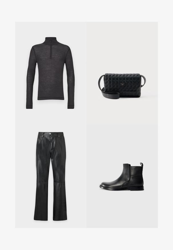 Zwarte lange mouwen turtleneck shirt gemaakt van een gestructureerde stof, met een halve rits bij de kraag en aansluitende mouwen.; Zwarte broek van kunstleer met voorzakken, een frontrits, knoopsluiting, riemlussen en wijde pijpen.; Zwarte leren enkelboot met ronde neus, elastische zijpanelen en een textuur op de achterkant. Heeft een platte rubberen zool en een lus aan de achterkant.; Zwarte crossbodytas met een gestructureerd oppervlak, een klepsluiting en een klein metalen logo aan de voorkant, afgebeeld tegen een effen achtergrond.