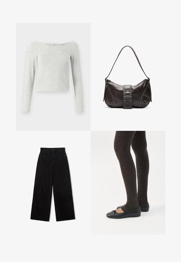 Šedý top s dlhým rukávom a dizajnom bez ramien, vyrobený zo soft, ľahkého materiálu, s jednoduchou, elegantnou siluetou.; Čierne, široké džínsy z denimu s vysokým pásom, obsahujúce dizajn s piatimi vreckami a jedným gombíkom na zapínanie vpredu.; Nohy v tmavých pásikavých legínach v kombinácii s čiernymi balerínkami s malými mašličkami na bielom pozadí.; Hnedá kožená taška cez plece s zakriveným tvarom, s výrazným detailom sponky, kontrastným prešívaním a jedným popruhom na plece.