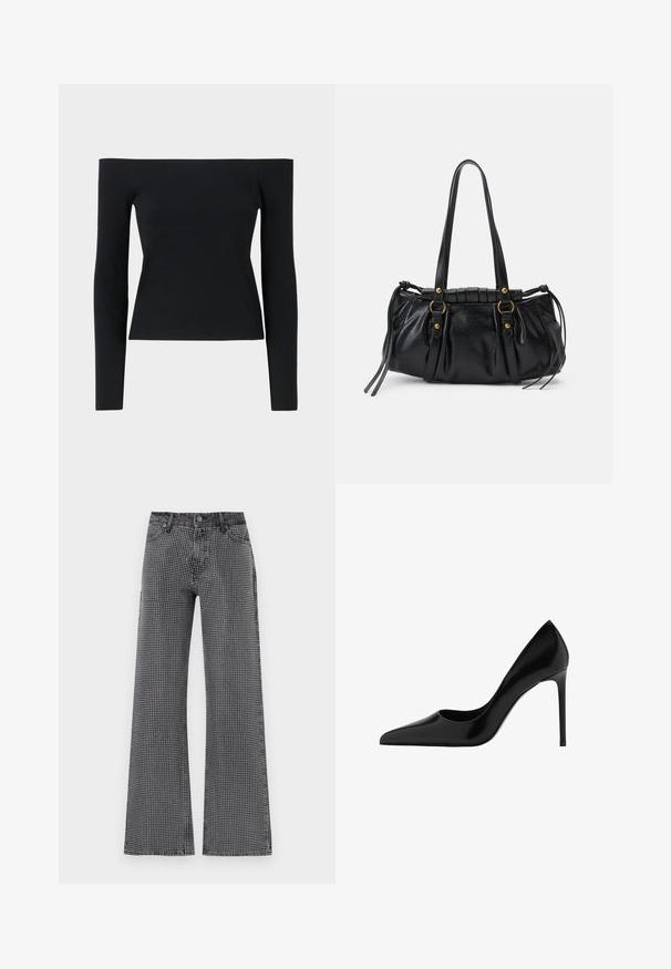 Sort off-the-shoulder langærmet top lavet af ribbet stof, med en tætsiddende silhuet og minimalistisk design.; Bredde benjeans i sort denim med et hvidt prikkemønster; har et klassisk fem-lomme-design og knappelukning.; Sort laklæder højhælet sko, spids tå, glat tekstur, tynd stiletto hæl, minimalistisk design, ingen synlige mønstre eller metaldele.; Sort læderhåndtaske med rund form, dobbelte hanke, dekorative hardware-detaljer og snøre på siden. Glat, blank overflade.