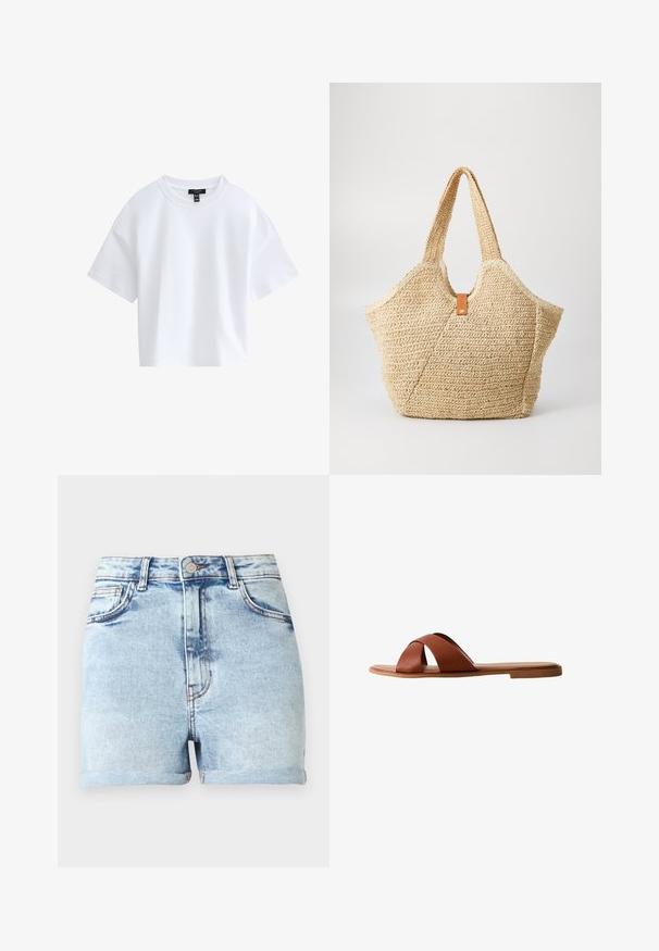 Camiseta blanca sencilla de manga corta y corte cropped con escote redondo y etiqueta negra de la marca dentro del cuello.; Pantalones cortos de mezclilla azul claro con cintura alta, cinco bolsillos y dobladillos enrollados. Presenta un sutil desvanecimiento y herrajes en tono cobre.; Sandalia plana de cuero marrón con diseño de tiras cruzadas. Suela plana con acabado liso y estilo minimalista. Sin herrajes visibles ni adornos.; Gran bolsa de paja con un exterior texturizado en color beige y dos asas anchas. Presenta una correa de acento de cuero para el cierre.