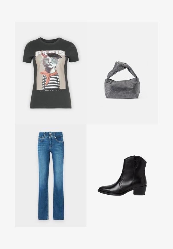 Schwarzes Baumwoll-T-Shirt mit einem Motiv einer Katze mit Brille und Baskenmütze, die ein gestreiftes Hemd und einen orangenen Schal trägt, mit Text darunter.; Ausgestellte blaue Jeans aus Denim mit mittelhoher Taille, ausgestattet mit zwei Vordertaschen, zwei Gesäßtaschen und kontrastierenden Nähten.; Schwarze Leder-Stiefeletten mit einer spitzen Zehenform, geschwungenen Seitennähten und einem niedrigen Blockabsatz. Verfügt über einen Reißverschluss und eine glatte Textur.; Schwarz-silberne Handtasche mit einer strukturierten Oberfläche, die ein Diamantmuster aufweist, einem geknoteten Griff und einer strukturierten Form.