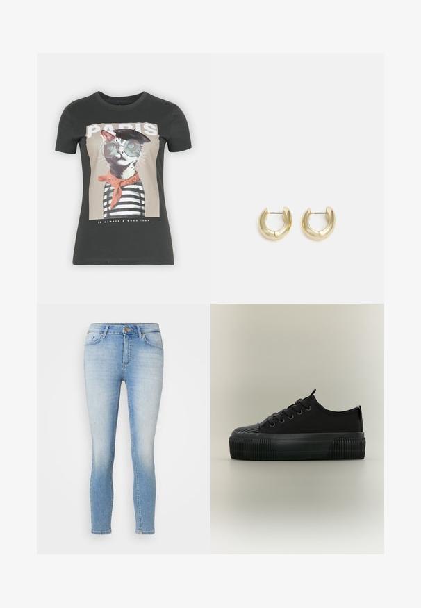 Sort bomulds-t-shirt med grafik af en kat iført briller og en baret, iført en stribet skjorte og et orange tørklæde, med tekst nedenunder.; Lys blå skinny jeans med frontknap og lynlås, fem lommer og diskret slid på lår og knæ.; Sort platform sneakers med tyk ribbet sål, snørelukning foran og trækflapper på tunge og hæl, vist fra siden på neutral baggrund.; Guld-tone hoop øreringe med en glat, poleret overflade. Har en halvcirkelform og en sikker stiftlukning.