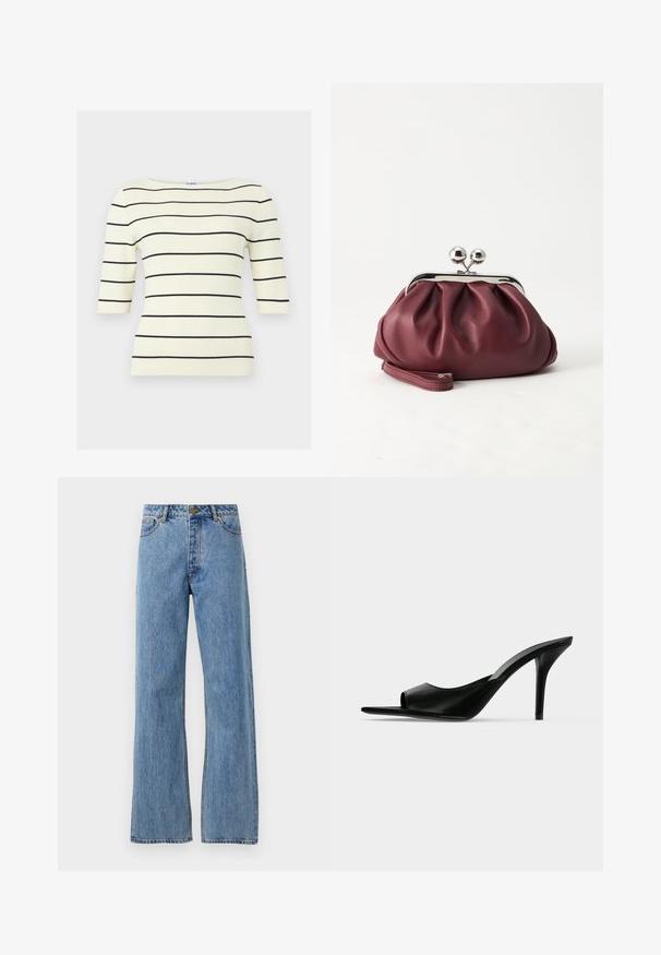 Roomkleurige geribbelde gebreide top met zwarte horizontale strepen en ellebooglange mouwen, met een boothals.; Lichtblauwe hoge taille straight-leg jeans met een voorknoop, rits en vijf-pocket ontwerp op een effen witte achtergrond.; Zwarte leren mule met open teen en hoge slanke naaldhak, zijaanzicht tegen een effen achtergrond.; Kleine bordeauxrode leren clutch-portemonnee met zilverkleurige metalen sluiting en polsbandje op een witte achtergrond.