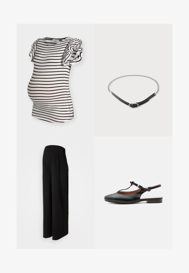 Haut de maternité blanc avec des rayures noires horizontales et des manches courtes à volants.; Vero Moda Maternity Wide-leg Wide Leg Fit - Pantalon classique - black; Chaussure plate slingback en cuir noir avec bride en T et boucle dorée sur fond neutre.; Ceinture en cuir noir et chaîne argentée avec boucle, disposée en cercle sur un fond blanc uni.