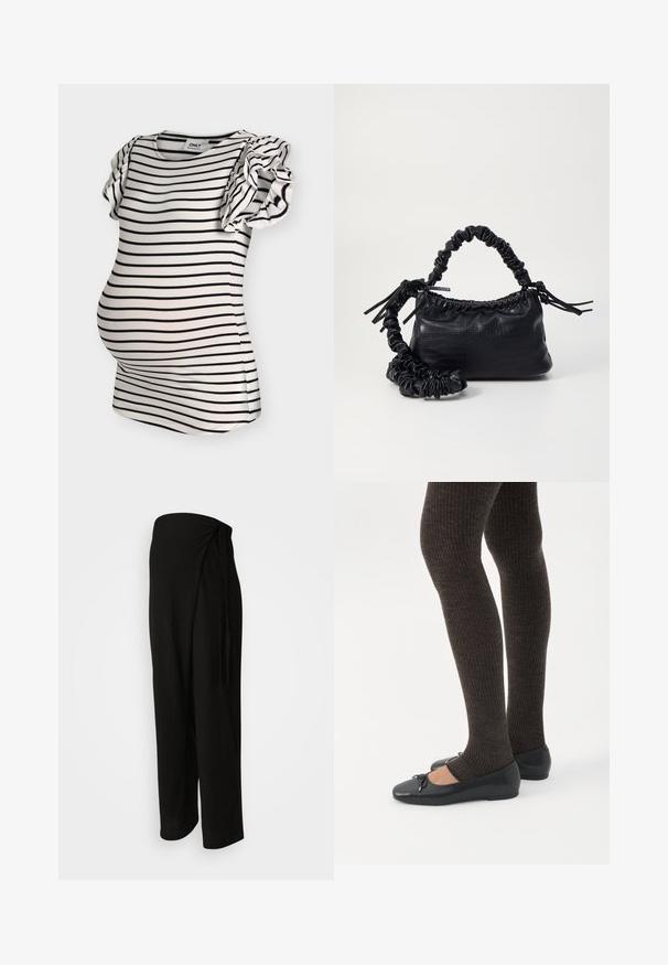 Hvid graviditetstop med vandrette sorte striber og korte flæseærmer.; Sorte, vide benbukser lavet af et let, tekstureret stof; har et indviklet design og en knyttet detalje i taljen.; Ben iført mørke ribbede leggings kombineret med sorte balletsko med små sløjfedetaljer på hvid baggrund.; Sort kunstlæder håndtaske med krokodilteksur, indsnøret top og en sammenkrøben rem. Ser blød og kompakt ud i designet.