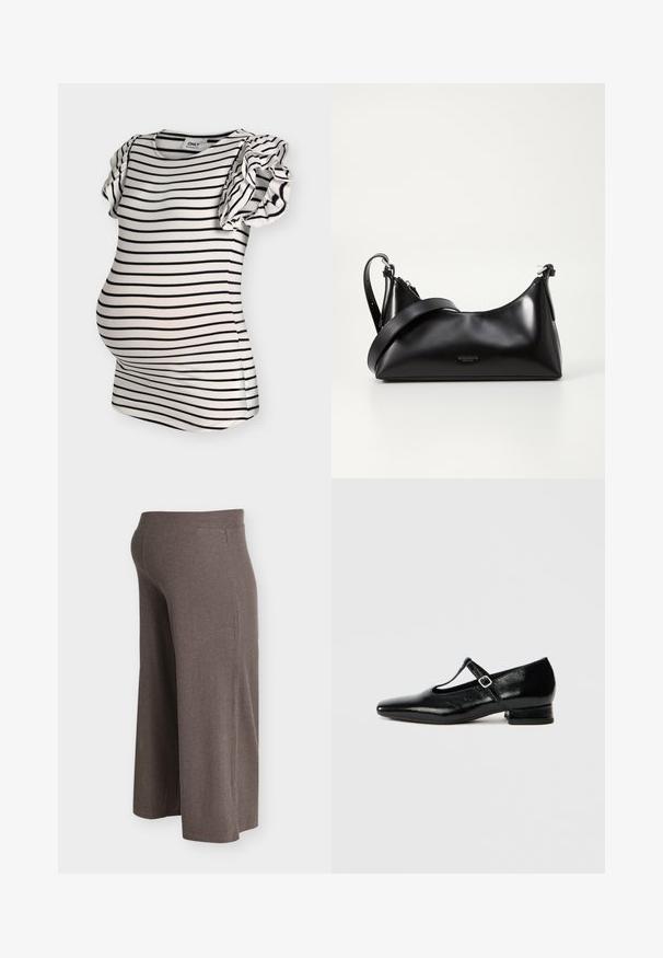 Haut de maternité blanc avec des rayures noires horizontales et des manches courtes à volants.; Pantalon de maternité marron en maille côtelée à jambes larges avec taille élastique, conçu pour le confort et l'élasticité sur le ventre de grossesse.; Chaussures Mary Jane en cuir noir avec bout pointu, petit talon carré et bride ajustable avec une boucle argentée. Texture lisse et brillante.; Sac à main en cuir noir avec une texture lisse. Dispose d'une bandoulière adjustable et d'un design élégant et minimaliste avec une fermeture éclair.