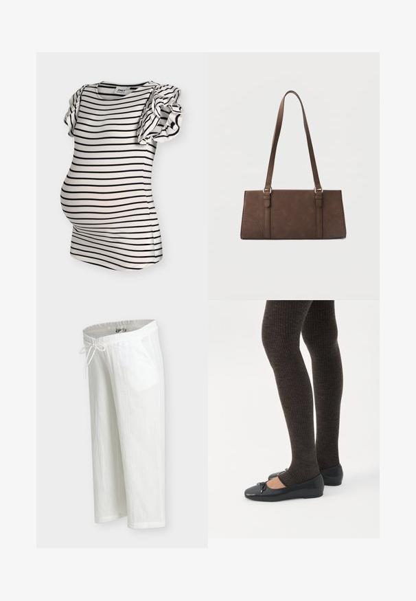 Haut de maternité blanc avec des rayures noires horizontales et des manches courtes à volants.; Pantalon léger en coton blanc avec taille élastique, cordon de serrage et poches latérales, présenté sur un fond uni.; Jambes portant des leggings côtelés foncés associés à des ballerines noires avec de petits détails en nœud sur fond blanc.; Sac à bandoulière rectangulaire marron avec longues sangles et détails de couture minimalistes sur un fond uni.
