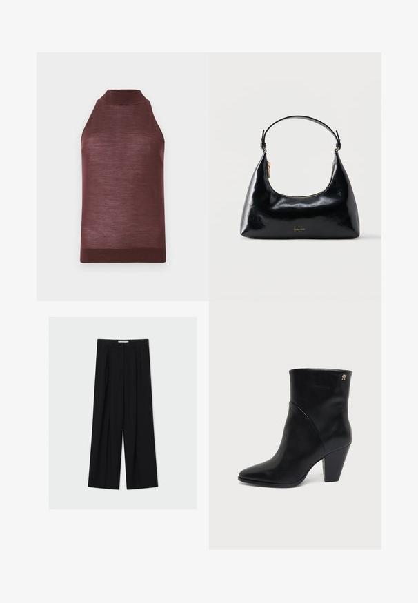 Top tricoté marron sans manches avec col haut et ourlet côtelé, présenté sur un fond clair uni.; Pantalon noir taille haute à jambes larges avec passants de ceinture et plis devant, présenté sur un fond gris clair.; Bottine en cuir noir à bout pointu, talon carré et petit logo doré près du bord supérieur sur le côté extérieur.; Sac à main Calvin Klein noir brillant avec fermeture éclair dorée et anse courte sur fond blanc uni.