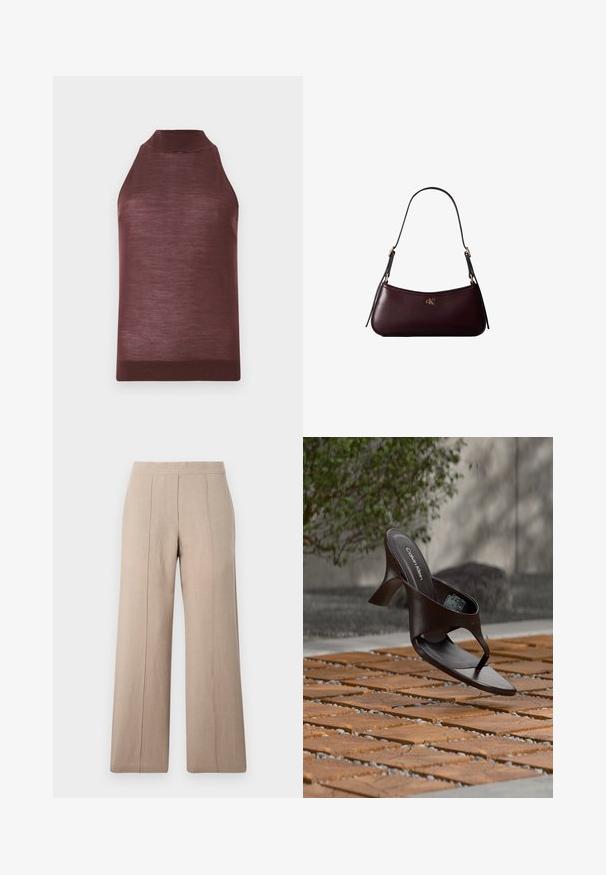 Top tricoté marron sans manches avec col haut et ourlet côtelé, présenté sur un fond clair uni.; Pantalons larges beige en tissu léger, avec des plis à l'avant, une ceinture lisse et une coupe droite aux ourlets nets.; Sandale à talon marron Calvin Klein suspendue au-dessus d'un sol extérieur en dalles de bois et gravier avec un arrière-plan flou de verdure et de pierres.; Sac à main en cuir bordeaux foncé avec une fine sangle d'épaule noire et un petit logo doré "cK" au centre devant.