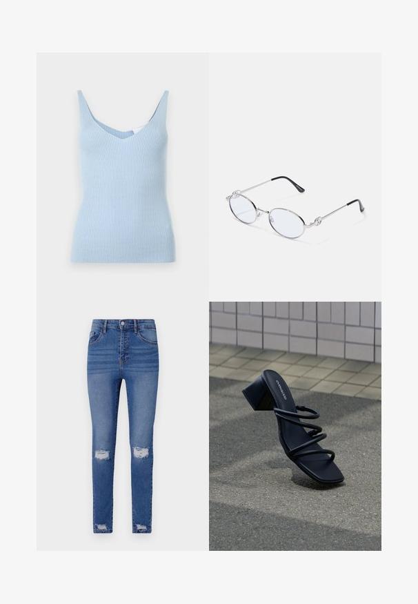 Hele sinine ribaga tank-top sügava V-kaelusega ja laia rihmadega, valmistatud pehmest ja elastsetest materjalidest. Omab sihvakalt vormitud siluetti.; Saledad sinine teksad, millel on fadespes, kahe põlve lõhkega, viie tasku, nööbiga sulgemise ja vööloopidega. Puuvilla segu kangas.; Mustad sandaal ruudukujulise varbaga, kolme õhukese rihmaga ja plokktallaga, mille peal on kõnnitee plaaditud seina lähedal.; Hõbedased ovaalsed prilliraamid selgete läätsedega, millel on dekoratiivsed külgaktsendid ja mustad otsad templites, et tagada paremat haardumist ja mugavust.