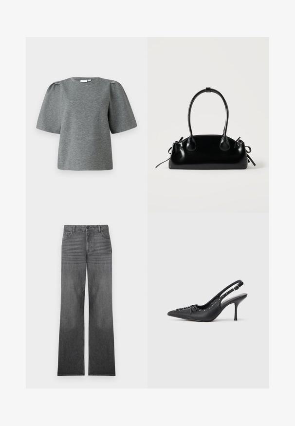 Haut gris à manches courtes en tissu doux, avec un col rond et des manches légèrement bouffantes pour ajouter du volume. Texture lisse sans motifs.; Jean en denim gris à jambes larges avec un lavage moyen, présentant un design à cinq poches, une fermeture à bouton sur le devant et des détails de couture subtils.; Escarpin en cuir noir à talon aiguille avec un bout pointu, une bride latérale à boucle, des clous le long du bord et un laçage décoratif à l'avant.; Petit sac à main noir brillant avec deux longues anses et des détails à cordon sur les côtés sur un fond clair uni.
